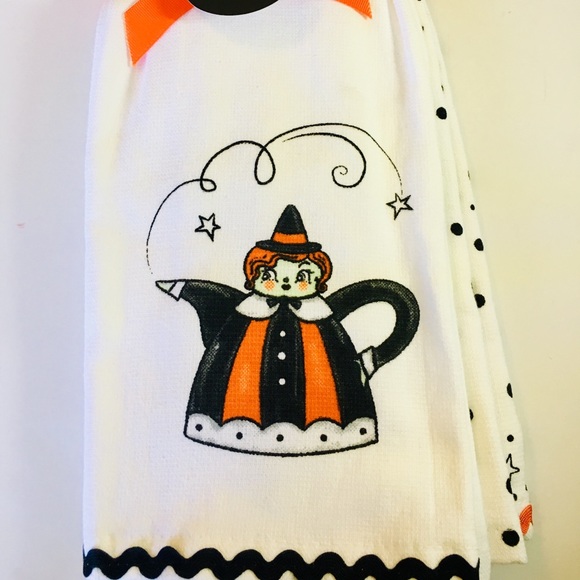 2 Halloween Johanna Parker Witch Teapot Kitchen Towels Ric Rac Ribbon Edge - Picture 7 of 7